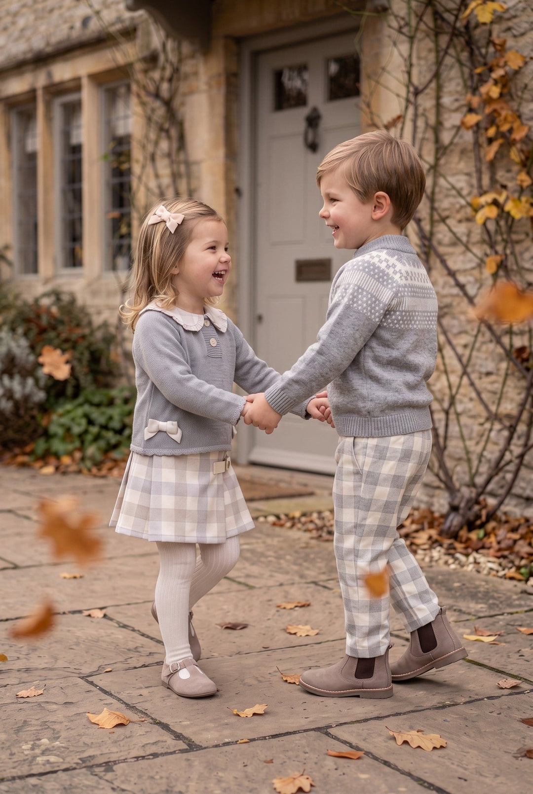 Deolinda "Freya" Grey &amp; Beige Check Jumper &amp; Skirt - Millie and John