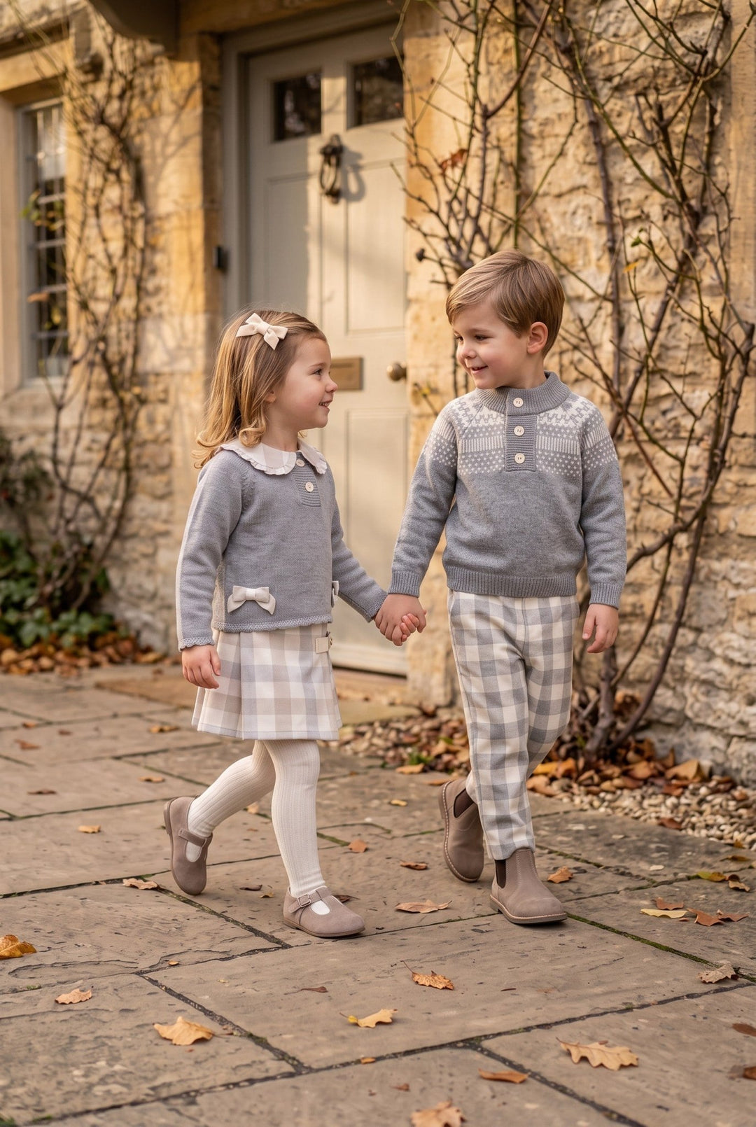 Deolinda "Freya" Grey &amp; Beige Check Jumper &amp; Skirt - Millie and John