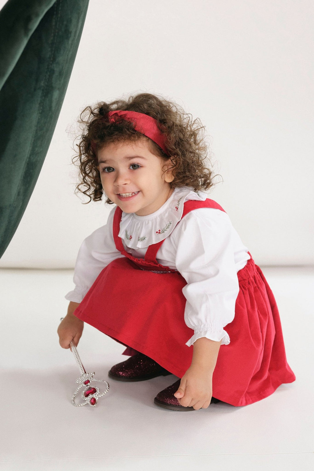 Deolinda "Giselle" Embroidered Blouse & Red Velvet Pinafore Dress - Millie and John