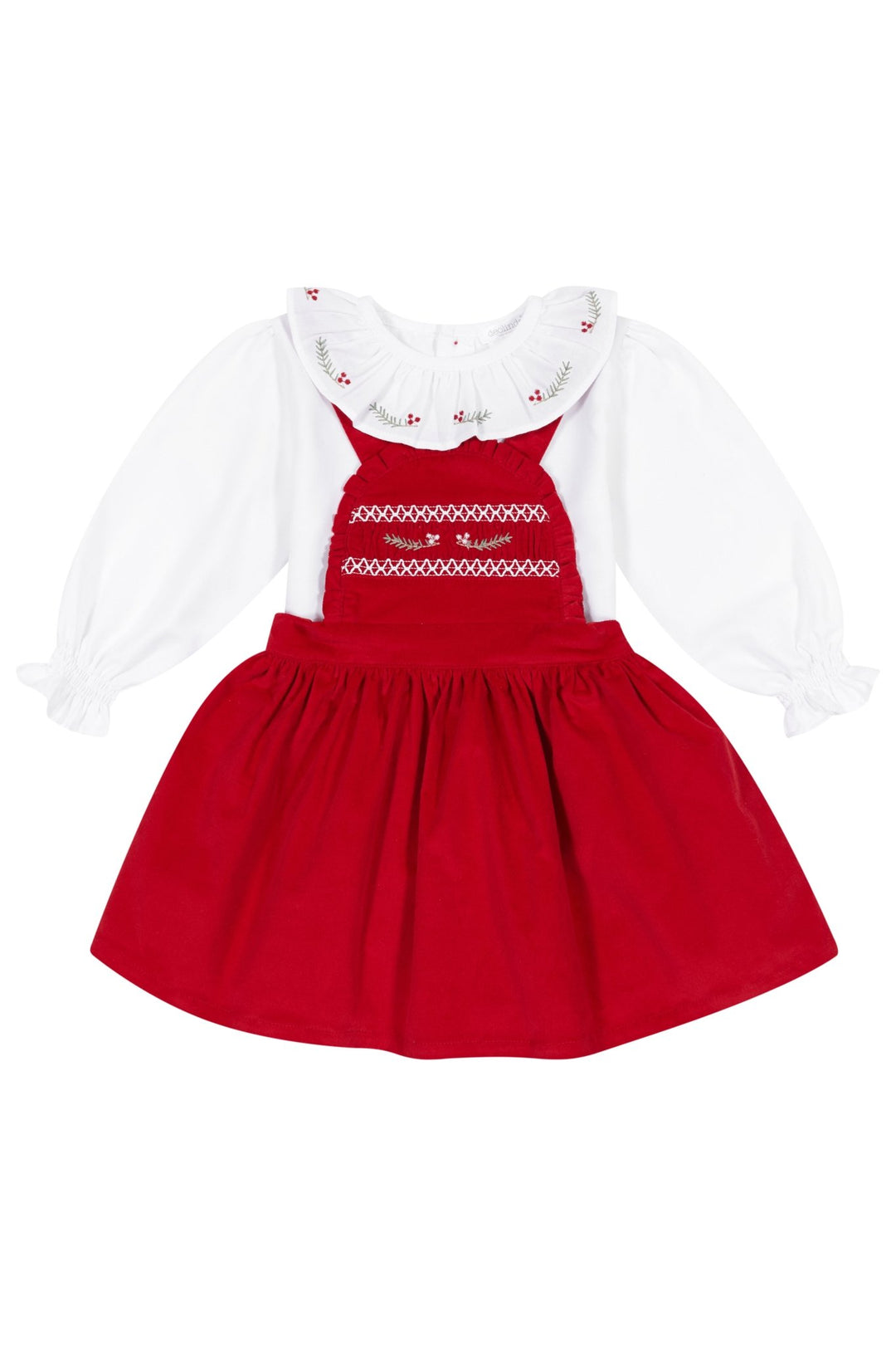 Deolinda "Giselle" Embroidered Blouse & Red Velvet Pinafore Dress - Millie and John