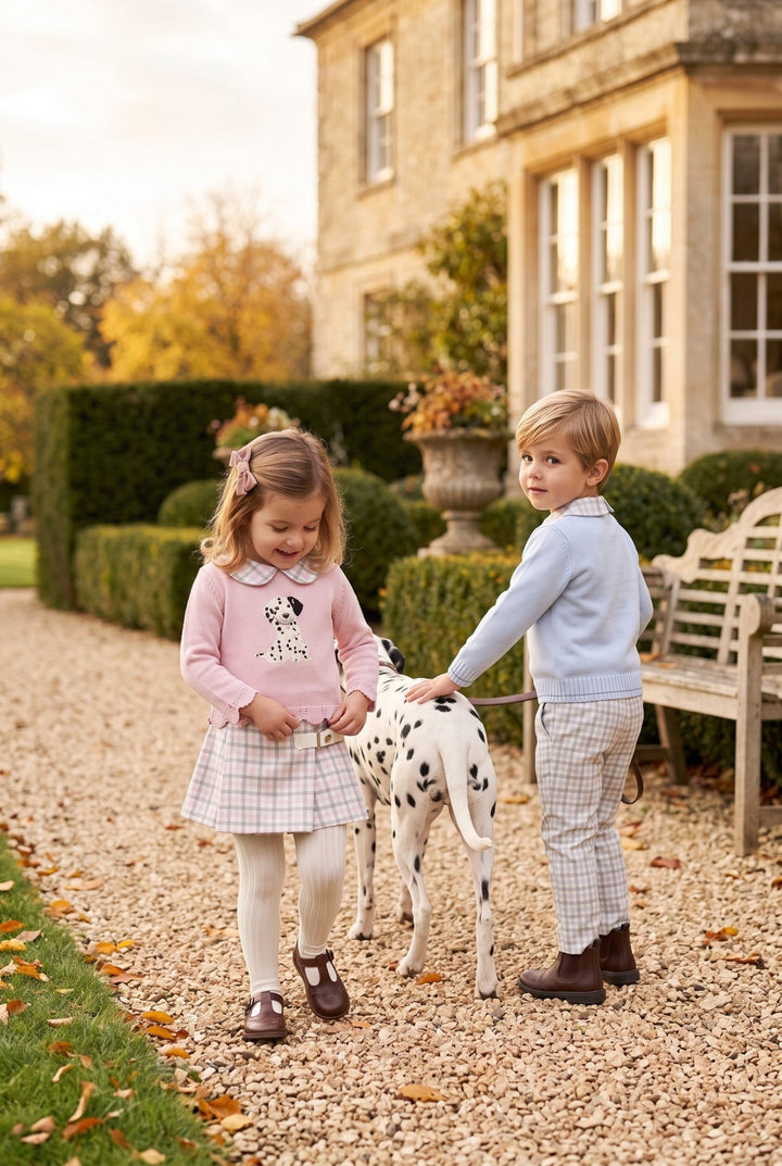 Deolinda "Grace" Pink &amp; Grey Check Dalmatian Jumper &amp; Skirt - Millie and John