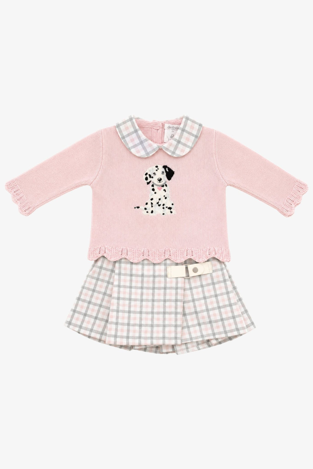 Deolinda "Grace" Pink & Grey Check Dalmatian Jumper & Skirt - Millie and John