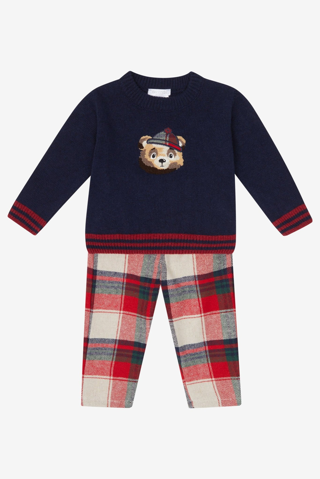 Deolinda "Hamish" Navy Knit Bear Jumper & Red Tartan Trousers - Millie and John