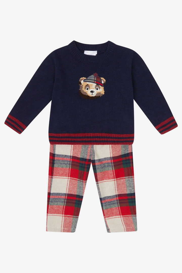 Deolinda "Hamish" Navy Knit Bear Jumper & Red Tartan Trousers - Millie and John