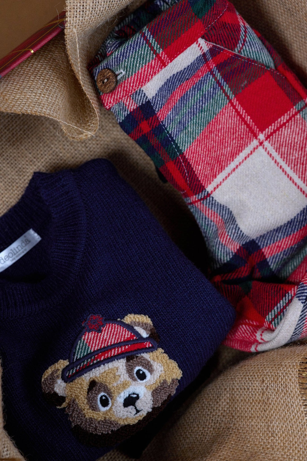 Deolinda "Hamish" Navy Knit Bear Jumper & Red Tartan Trousers - Millie and John