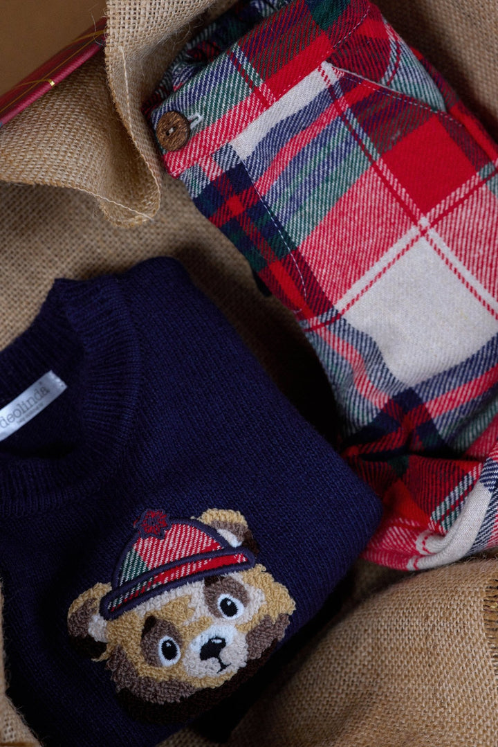 Deolinda "Hamish" Navy Knit Bear Jumper & Red Tartan Trousers - Millie and John