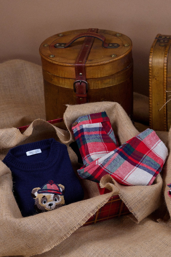 Deolinda "Hamish" Navy Knit Bear Jumper & Red Tartan Trousers - Millie and John