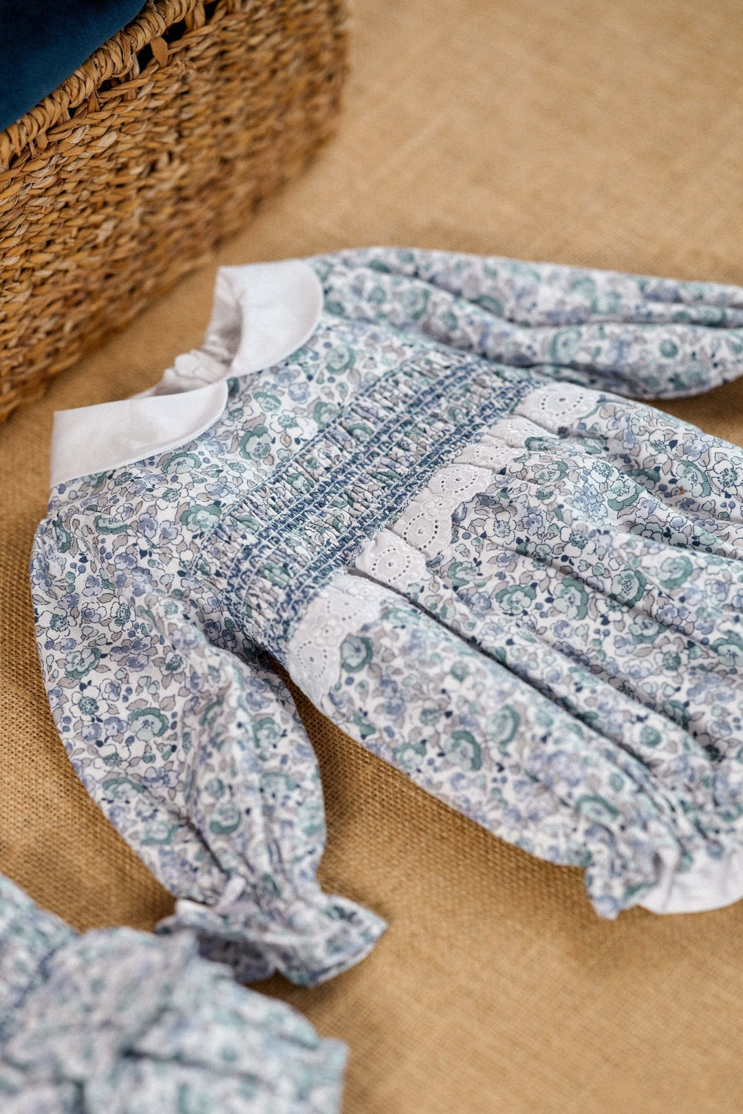 Deolinda "Isadora" Dusky Blue Floral Smocked Romper - Millie and John