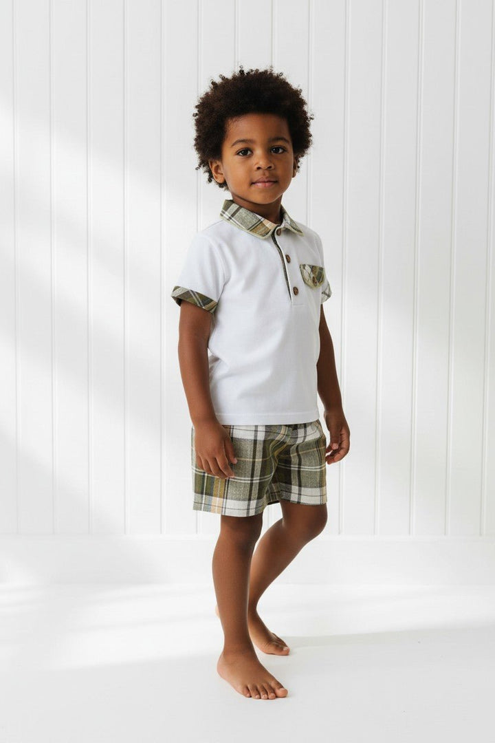 Deolinda "Lachlan" Khaki Green Tartan Polo Shirt &amp; Shorts - Millie and John