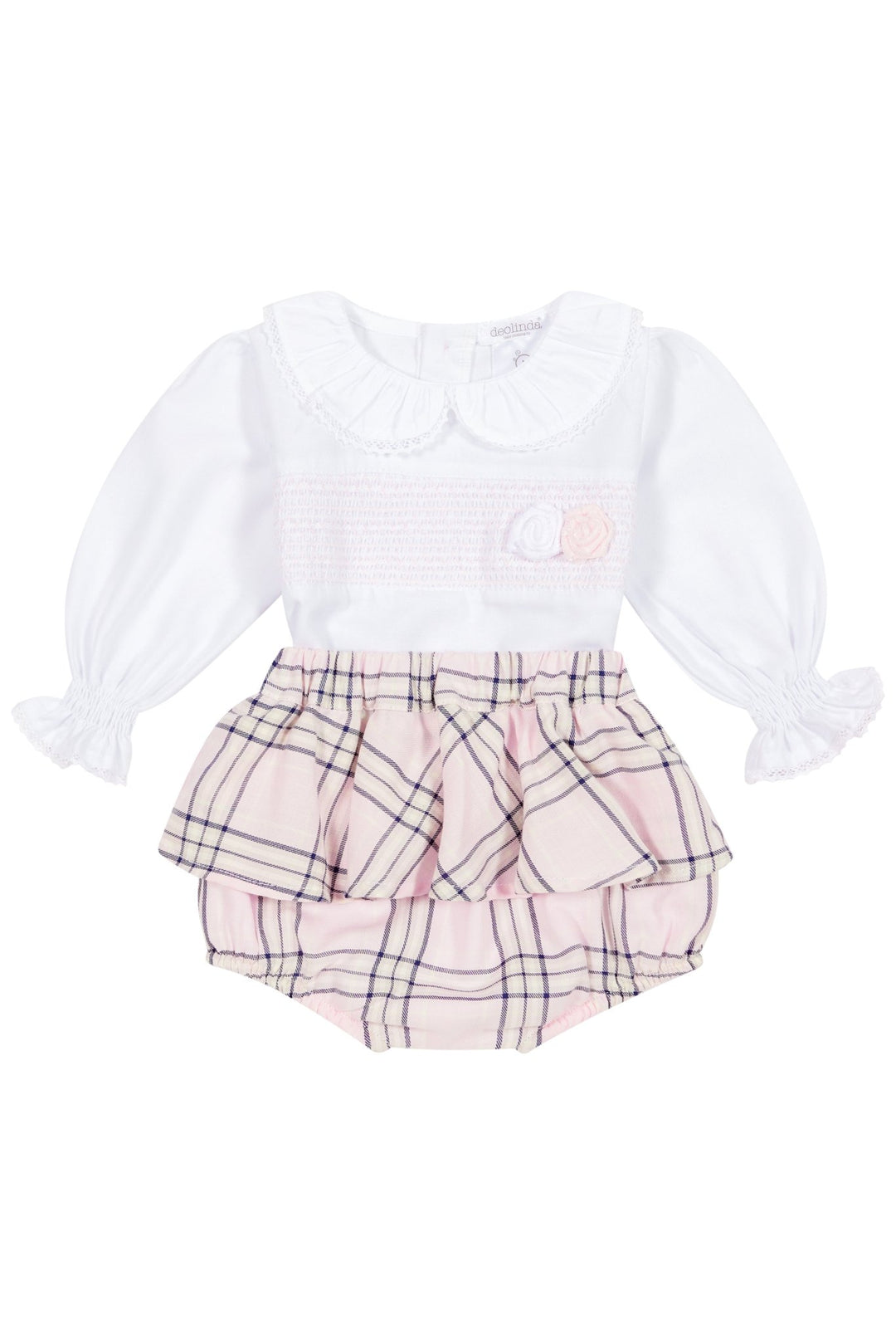Deolinda "Lainey" Pale Pink Tartan Smocked Blouse & Bloomers - Millie and John