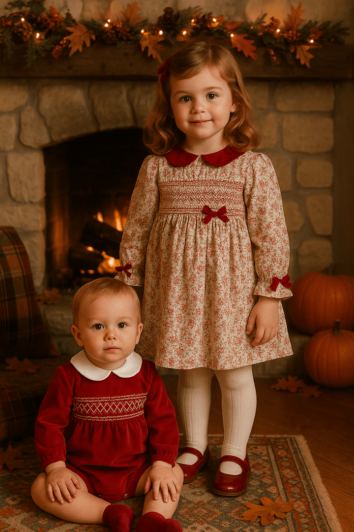 Deolinda "Leopold" Red Velvet Smocked Romper - Millie and John