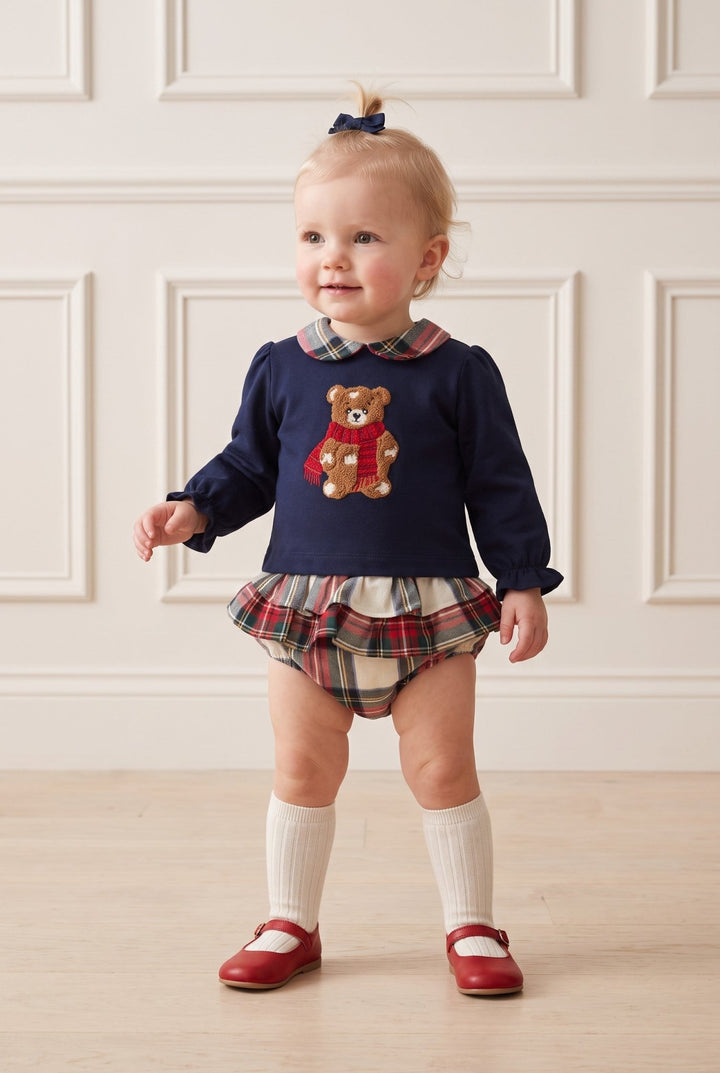 Deolinda "Matilda" Navy Tartan Bear Top &amp; Bloomers - Millie and John