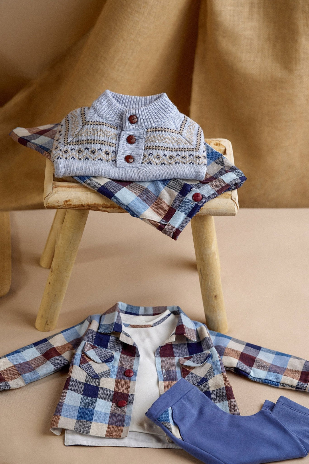 Deolinda "Maxwell" Blue & Brown Heritage Check Shirt, Top & Trousers - Millie and John