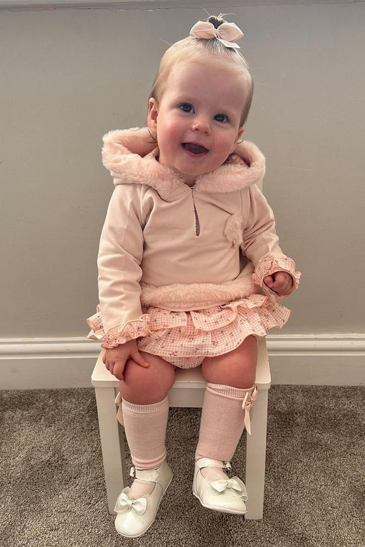 Deolinda "Mikayla" Peach Faux Fur Hoodie & Bloomers - Millie and John