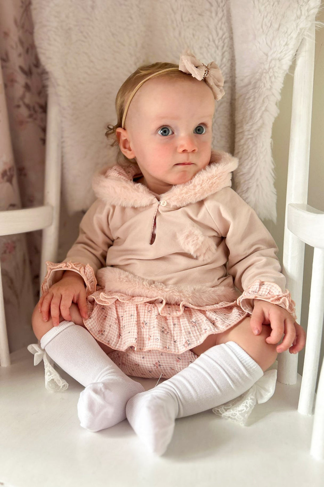 Deolinda "Mikayla" Peach Faux Fur Hoodie & Bloomers - Millie and John
