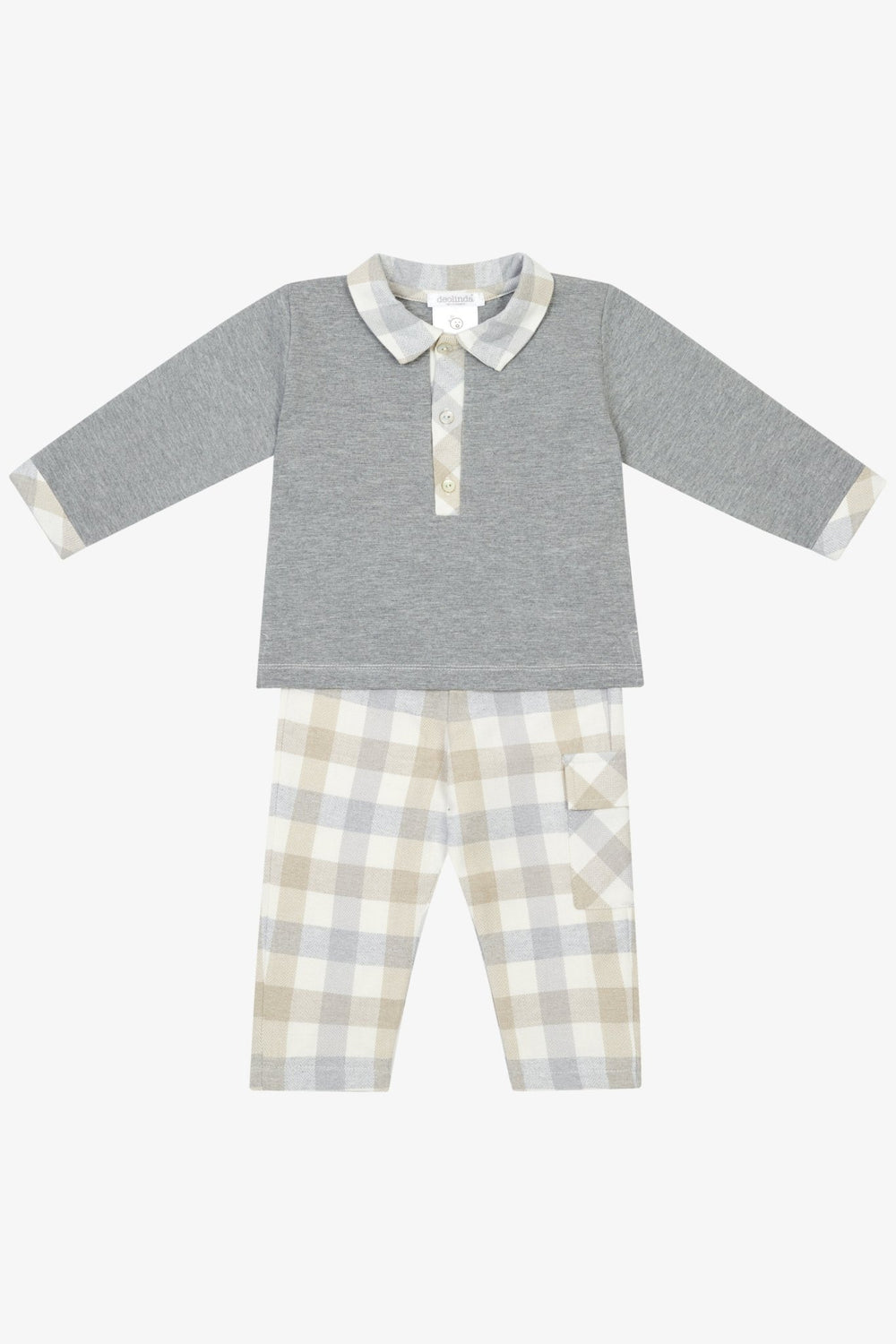Deolinda "Oliver" Grey & Beige Check Polo Shirt & Trousers - Millie and John