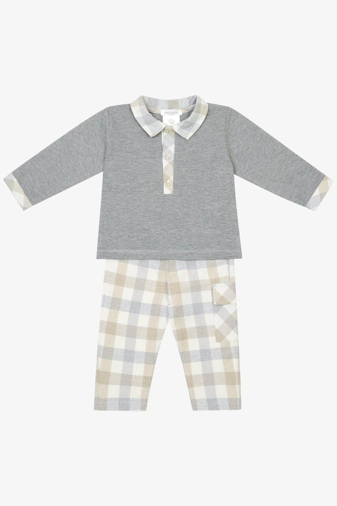 Deolinda "Oliver" Grey &amp; Beige Check Polo Shirt &amp; Trousers - Millie and John