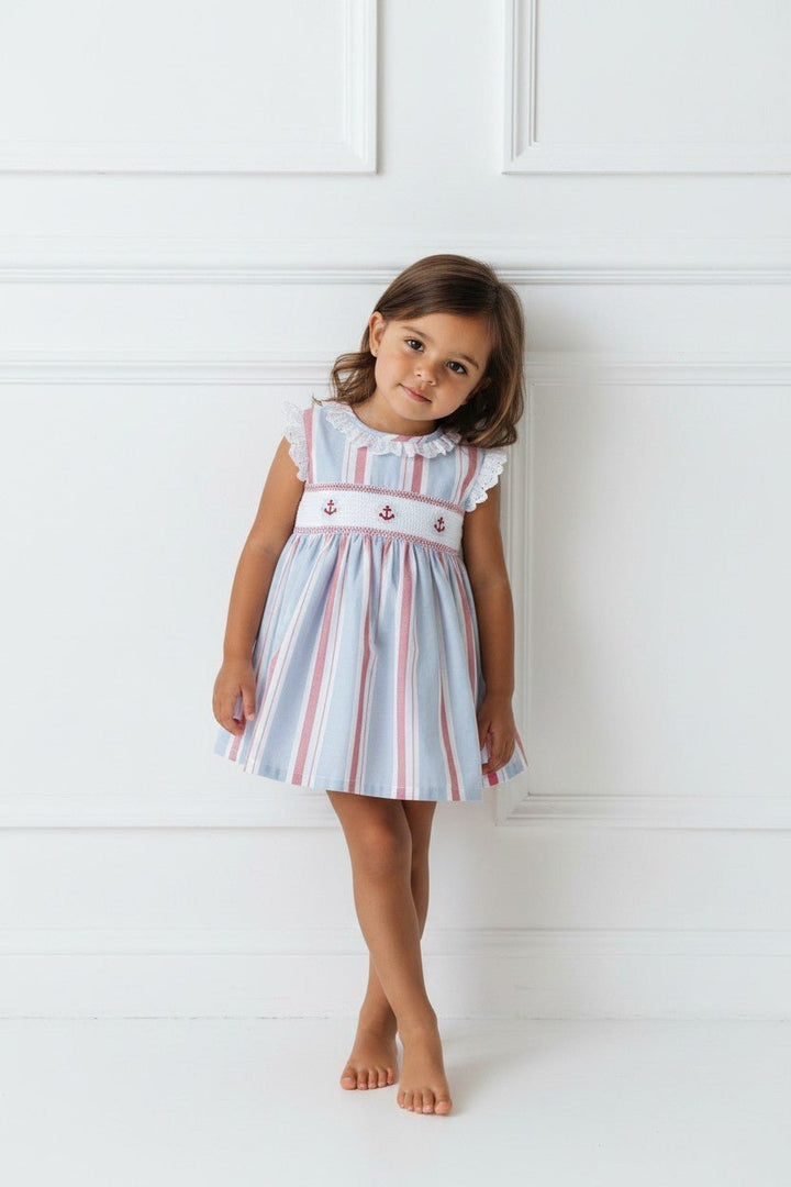 Deolinda "Poppy" Blue &amp; Red Stripe Smocked Dress - Millie and John