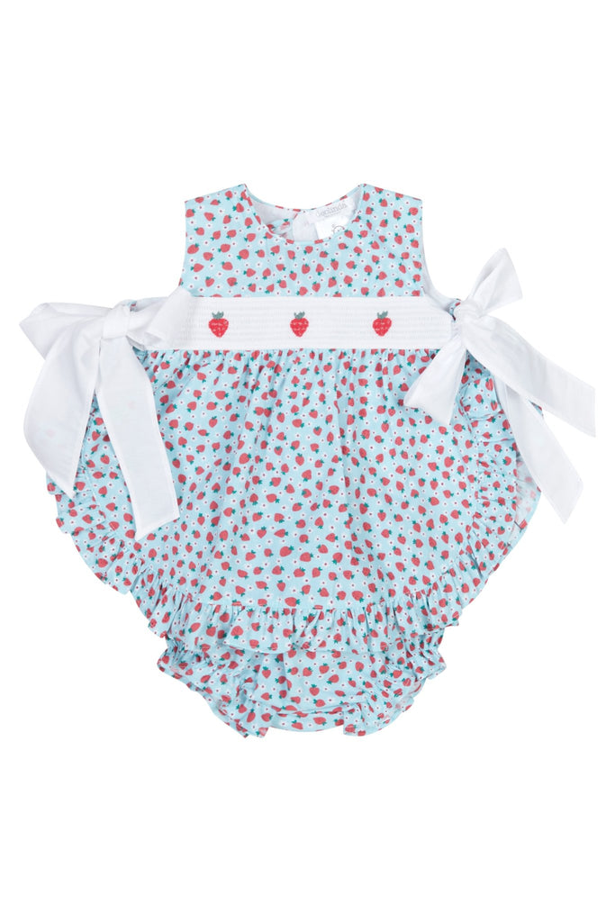 Deolinda SS24 | "Poppy" Blue Smocked Strawberry Dress & Bloomers  Millie  and John