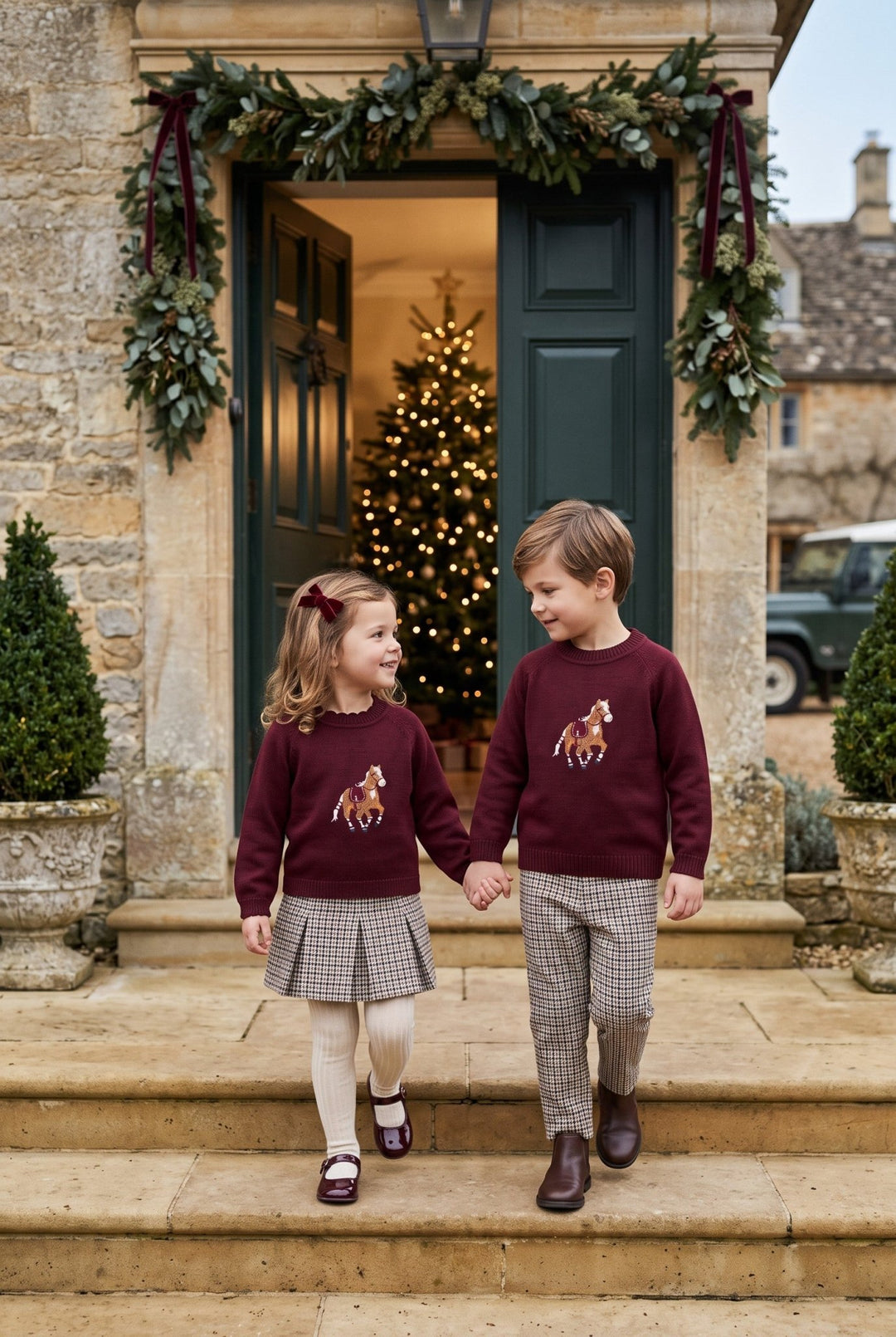 Deolinda PREORDER "Henry" Burgundy Horse Jumper &amp; Houndstooth Trousers - Millie and John