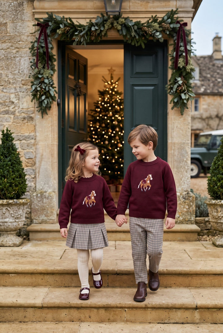 Deolinda PREORDER "Henry" Burgundy Horse Jumper &amp; Houndstooth Trousers - Millie and John