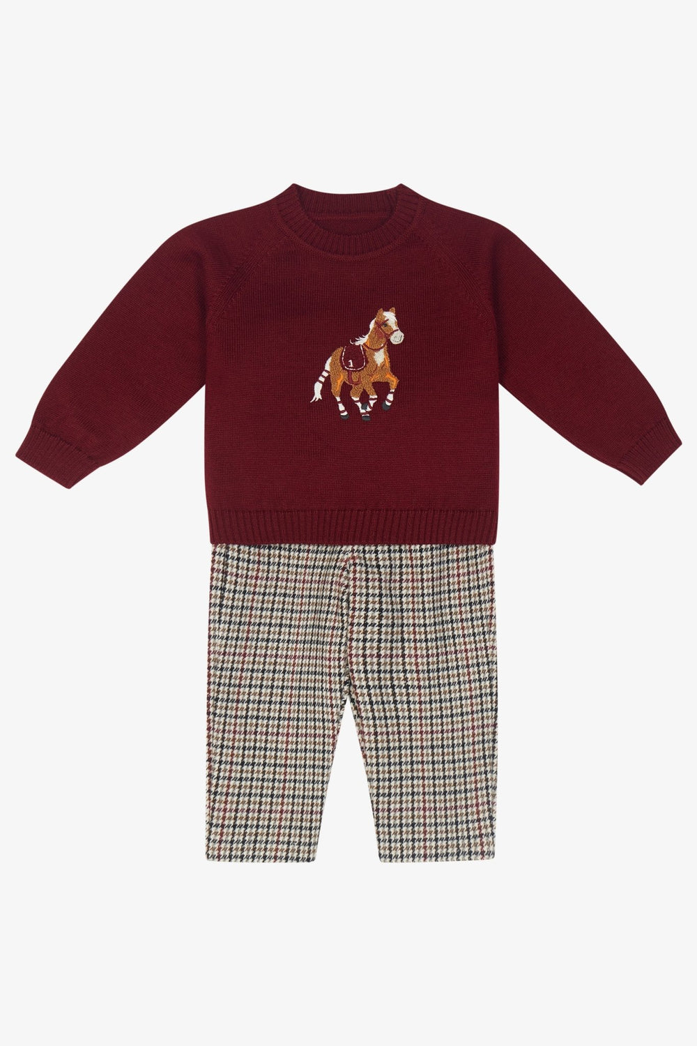 Deolinda PREORDER "Henry" Burgundy Horse Jumper & Houndstooth Trousers - Millie and John
