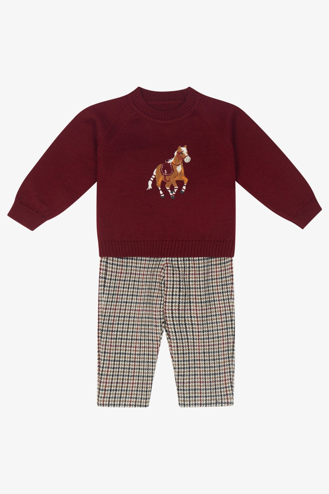 Deolinda PREORDER "Henry" Burgundy Horse Jumper &amp; Houndstooth Trousers - Millie and John