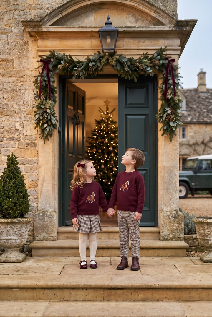 Deolinda PREORDER "Henry" Burgundy Horse Jumper &amp; Houndstooth Trousers - Millie and John