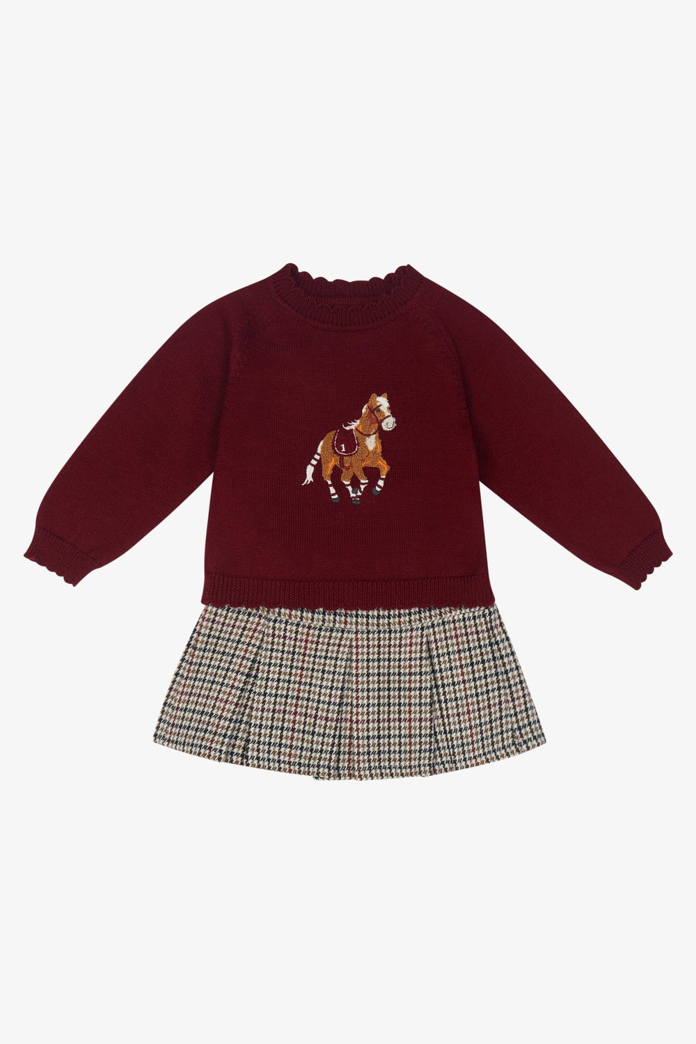 Deolinda PREORDER "Mabel" Burgundy Horse Jumper & Houndstooth Skirt - Millie and John