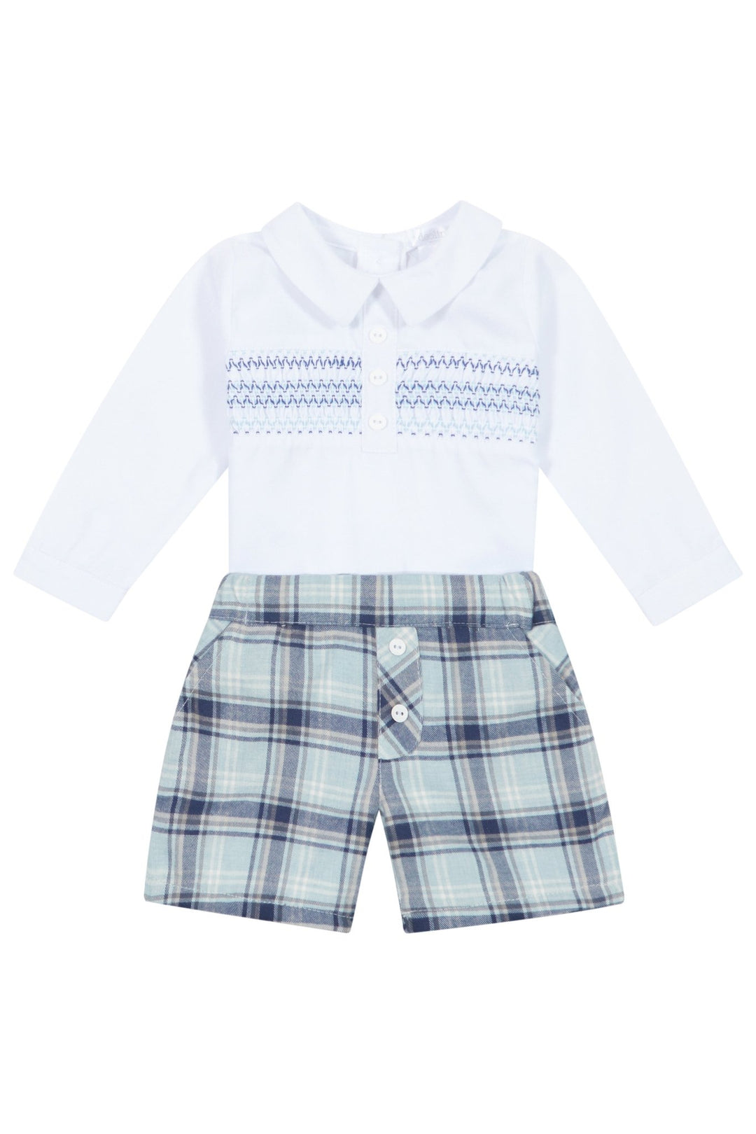 Deolinda "Roberto" Dusky Blue Smocked Shirt & Tartan Shorts - Millie and John