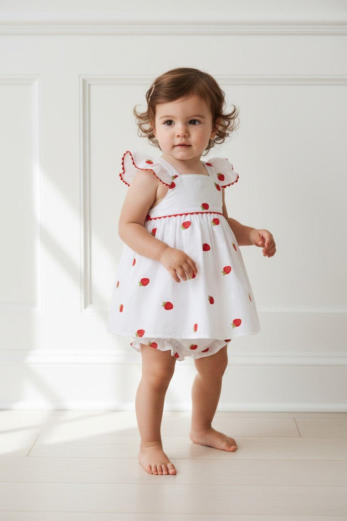 SS26 Deolinda | White & Red Strawberry Dress & Bloomers – Millie