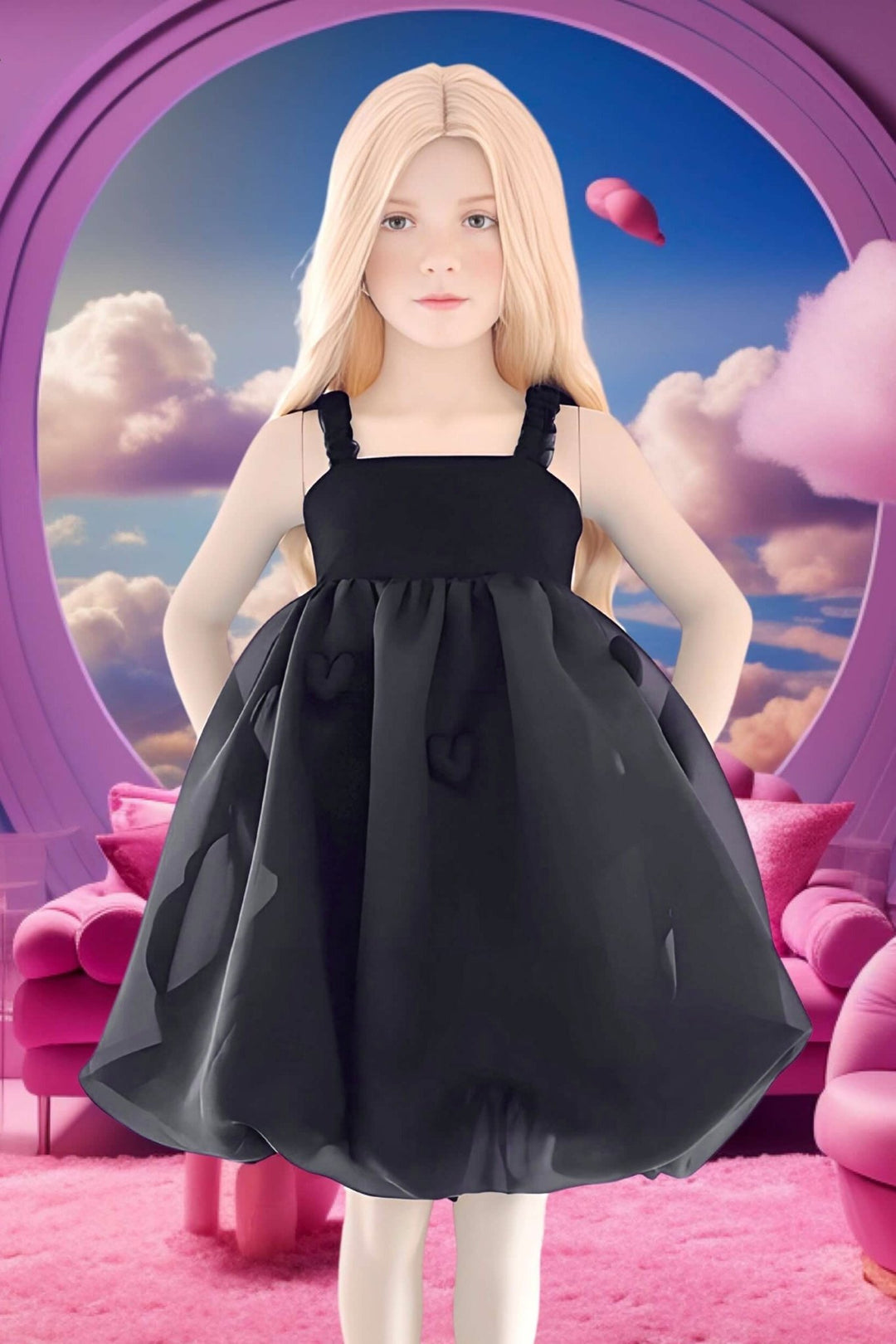 DOLLY by Le Petit Tom Black Satin Organza Heart Puffball Dress - Millie and John