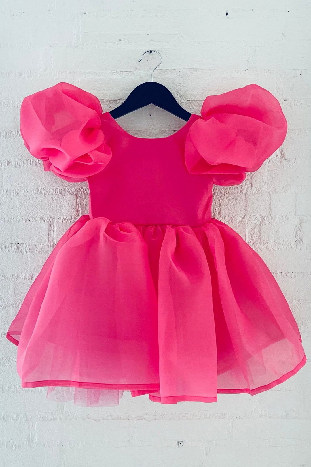 DOLLY by Le Petit Tom Hot Pink Satin Organza Puff Sleeve Dress - Millie and John
