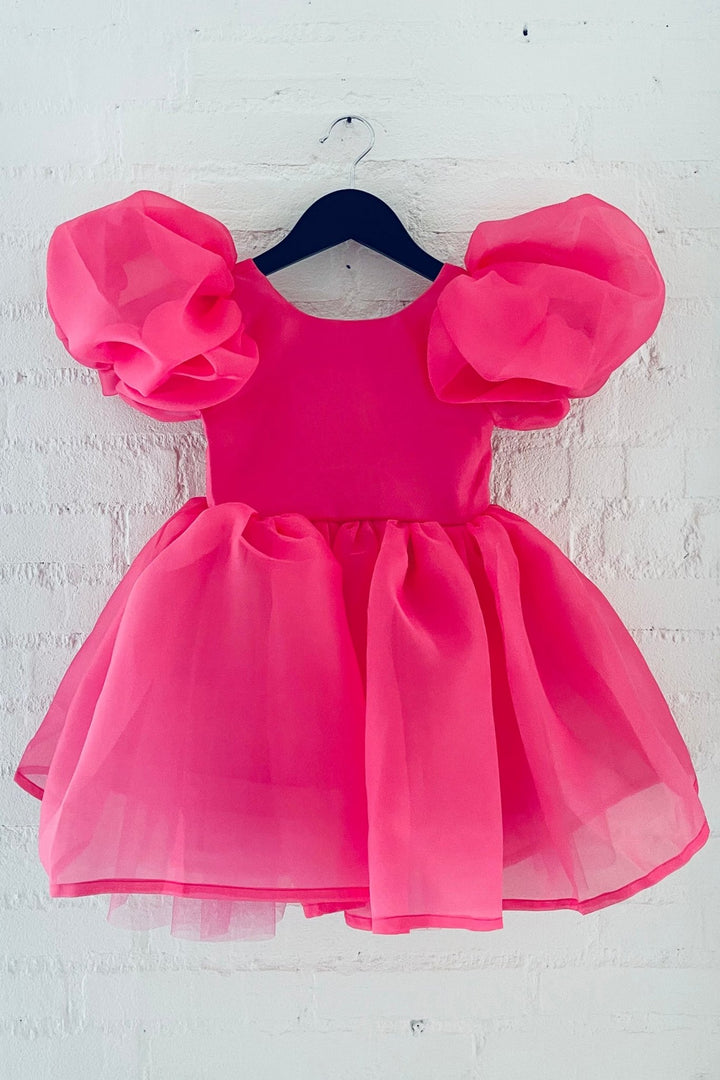 DOLLY by Le Petit Tom Hot Pink Satin Organza Puff Sleeve Dress - Millie and John