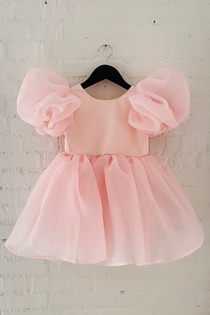 DOLLY by Le Petit Tom Pink Satin Organza Puff Sleeve Dress - Millie and John