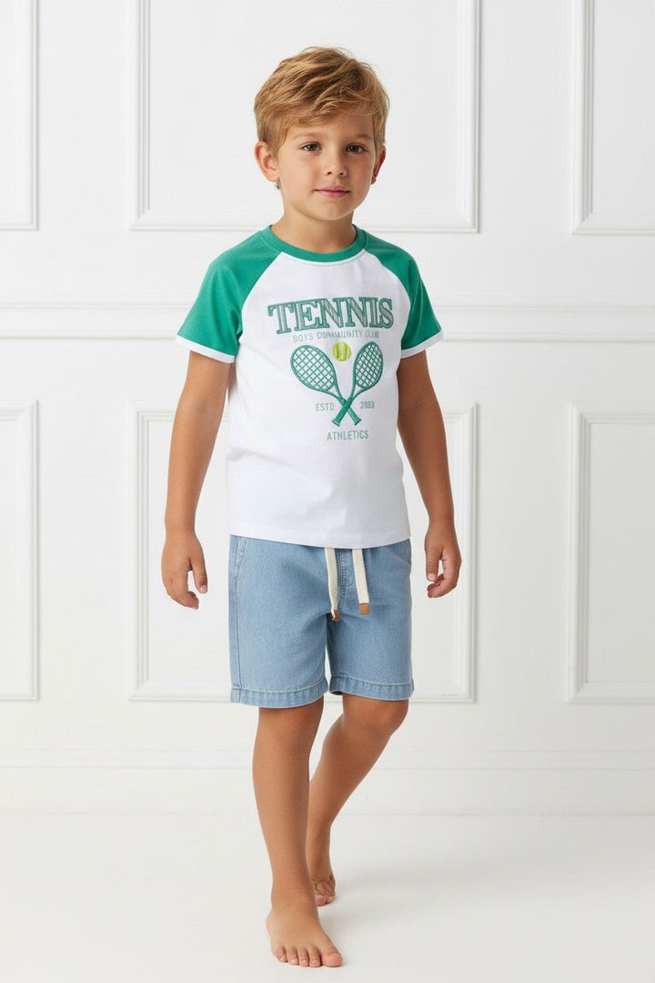 Dr Kid "Jerome" Green Raglan Tennis T-Shirt &amp; Denim Shorts - Millie and John