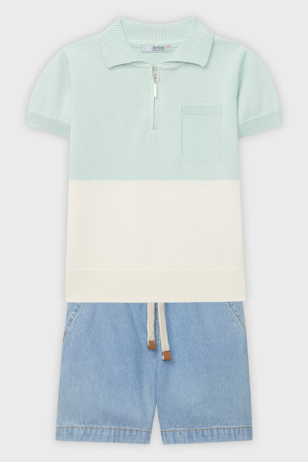 Dr Kid Mint Colour Block Polo Shirt & Denim Shorts - Millie and John