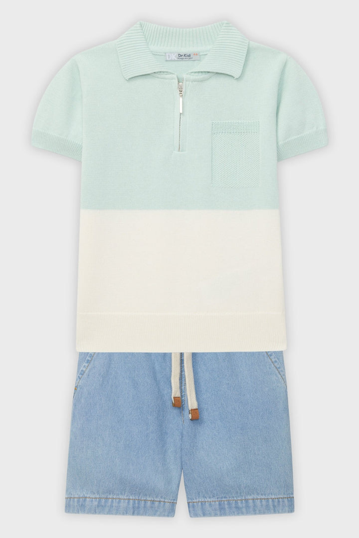 Dr Kid Mint Colour Block Polo Shirt & Denim Shorts - Millie and John