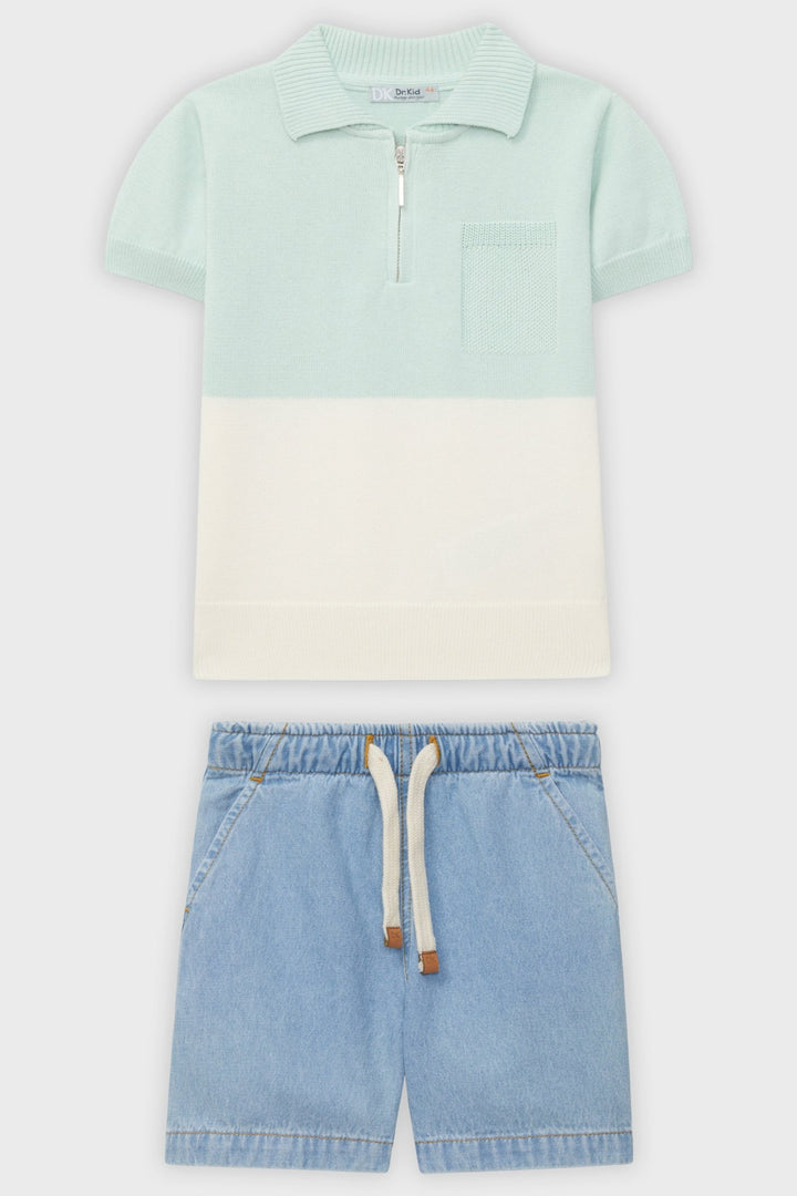 Dr Kid Mint Colour Block Polo Shirt & Denim Shorts - Millie and John