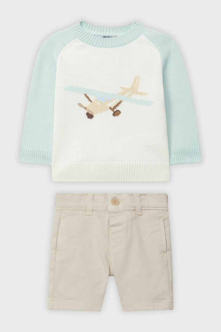 Dr Kid Mint Knit Plane Jumper & Shorts - Millie and John