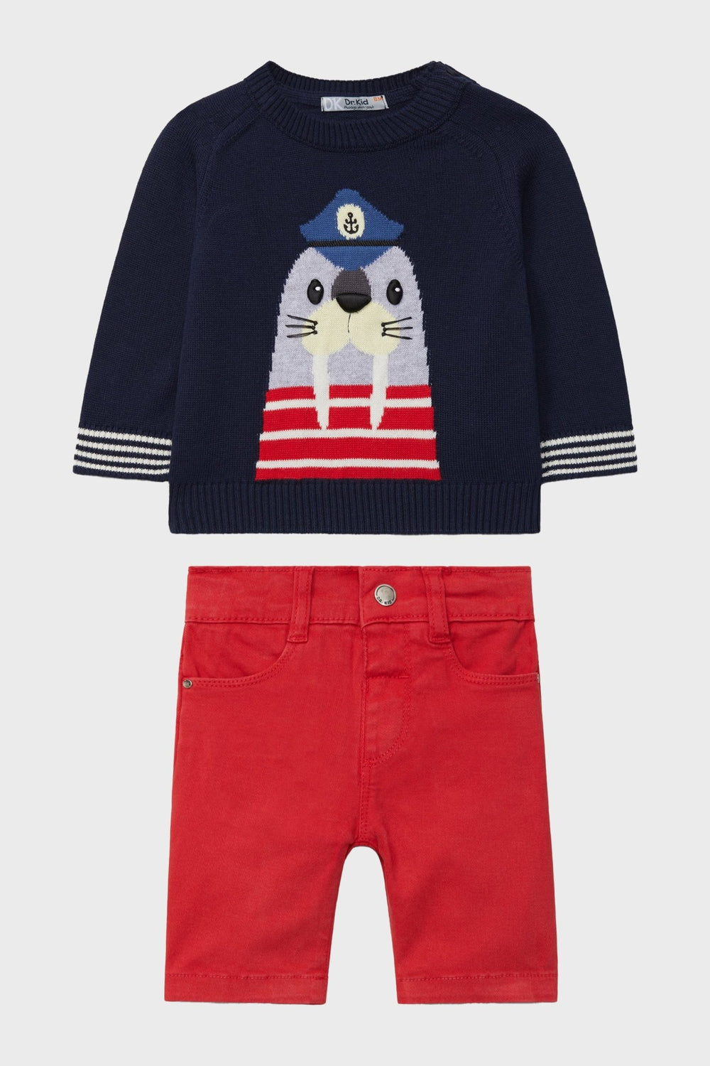 Dr Kid Navy Sailor Walrus Jumper & Red Shorts - Millie and John