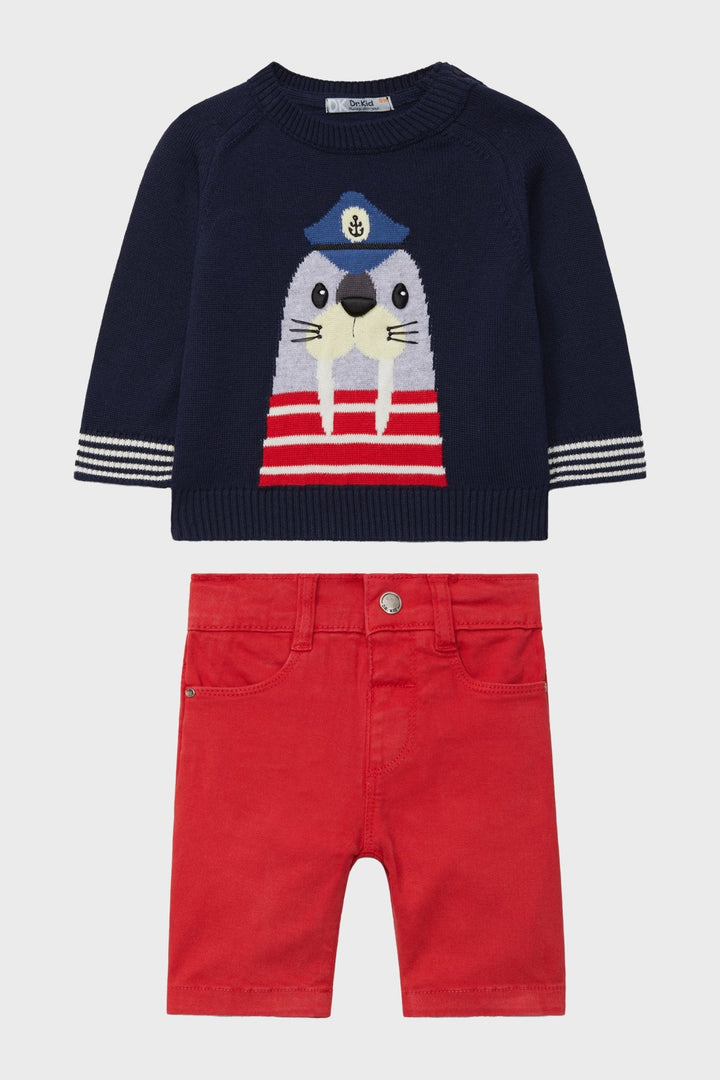 Dr Kid Navy Sailor Walrus Jumper & Red Shorts - Millie and John