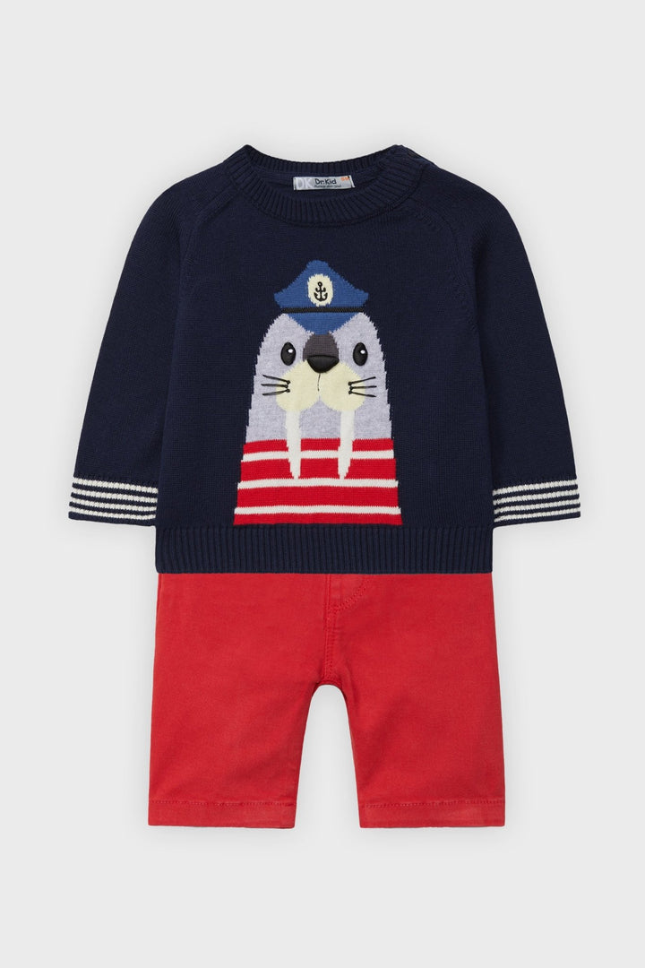 Dr Kid Navy Sailor Walrus Jumper & Red Shorts - Millie and John