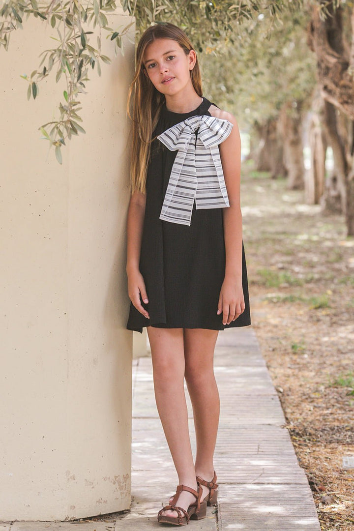 Eve Children "Verity" Black Cheesecloth Stripe Bow Dress - Millie and John
