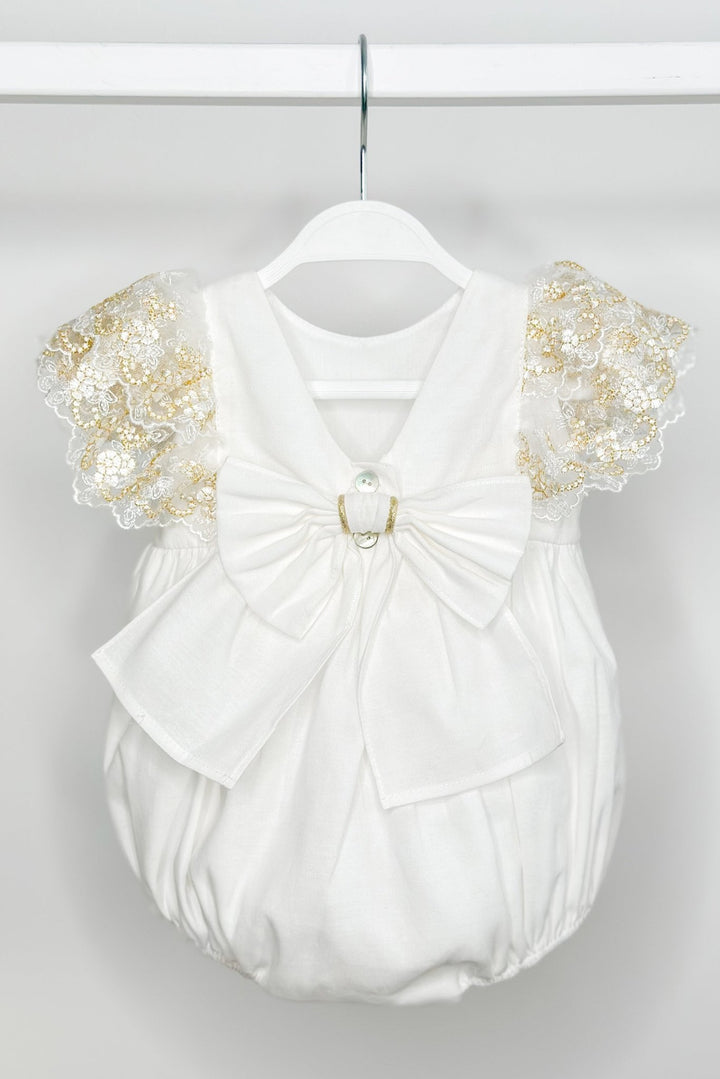 Fofettes "Alya" Ivory Gold Lace Sleeve Romper - Millie and John