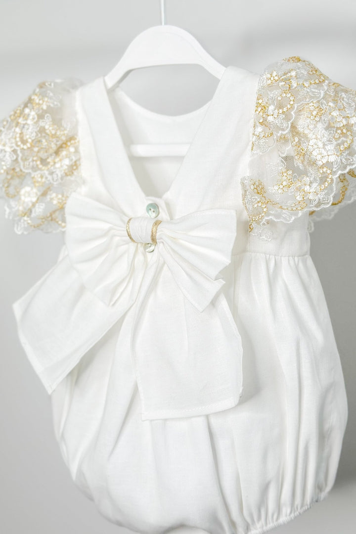 Fofettes "Alya" Ivory Gold Lace Sleeve Romper - Millie and John