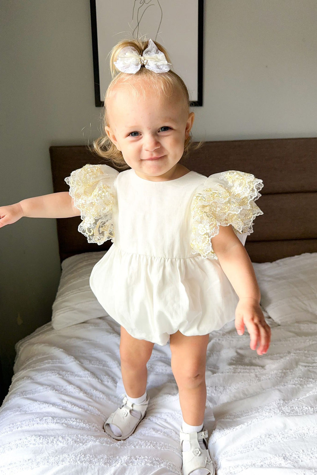 Fofettes "Alya" Ivory Gold Lace Sleeve Romper - Millie and John