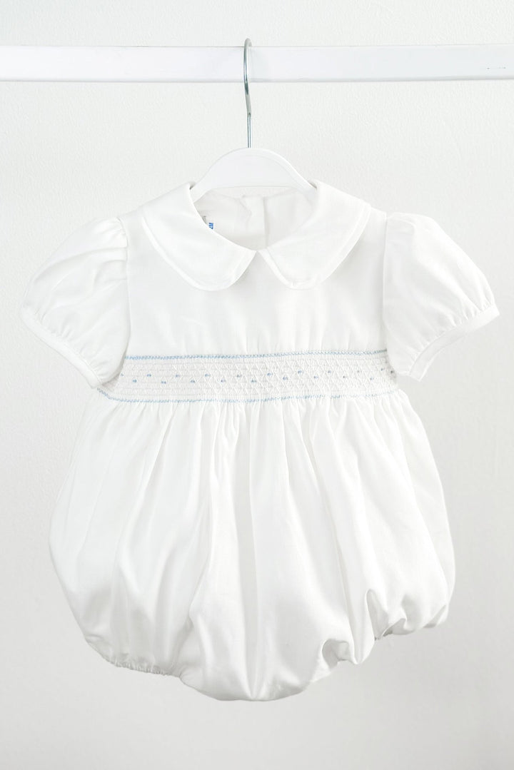 Fofettes "Elias" White & Blue Smocked Romper - Millie and John