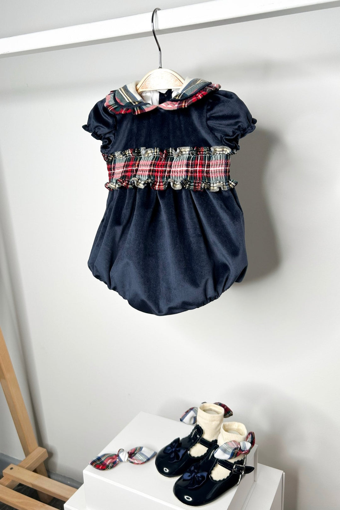 Fofettes "Hermione" Navy Velvet Tartan Romper - Millie and John