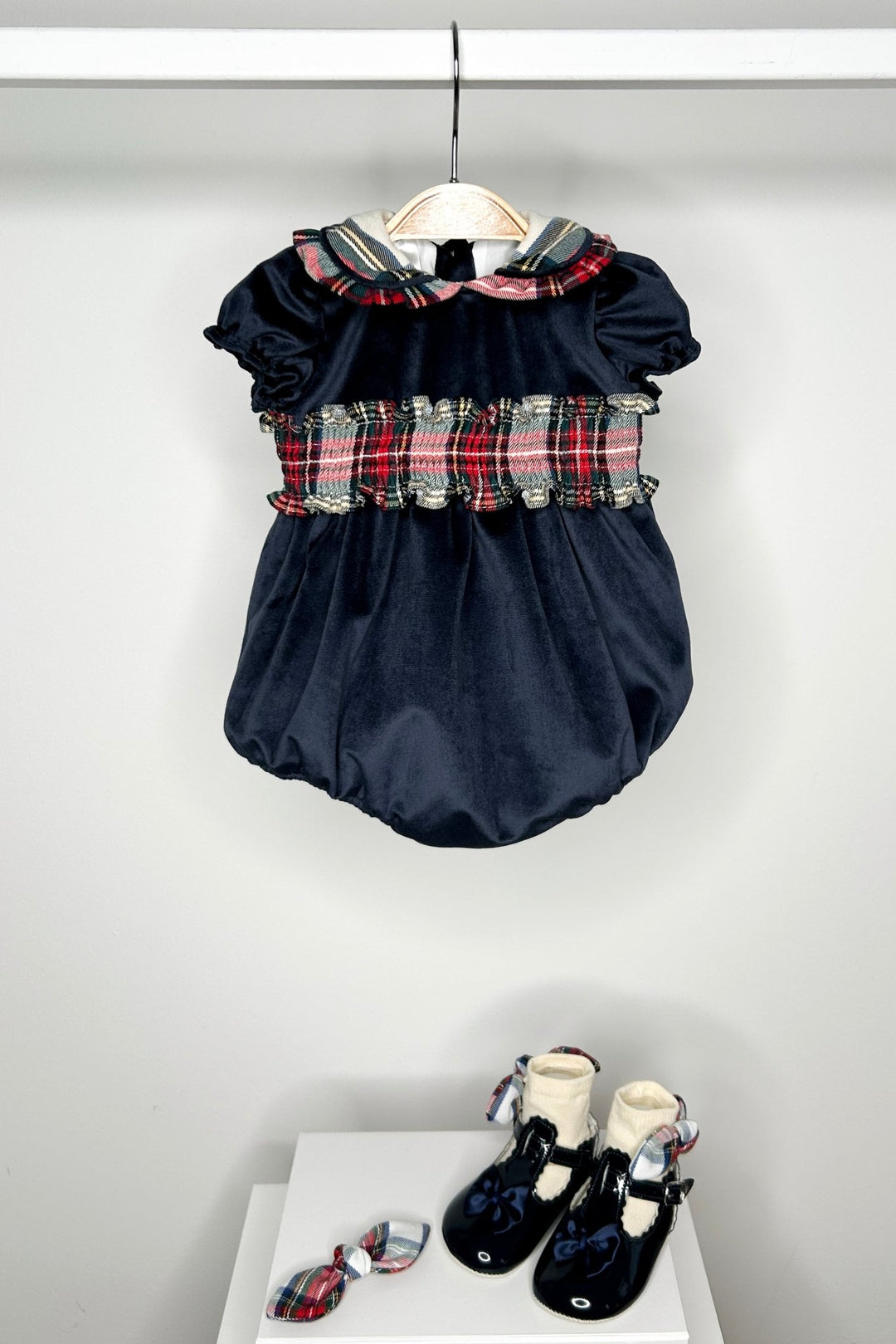 Fofettes "Hermione" Navy Velvet Tartan Romper - Millie and John